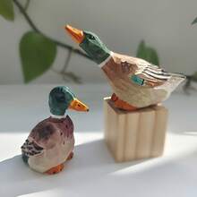 1/2pcs Exquisite Hand Carved Green Headed Duck Wood Carvings, Hand Painted Artworks, Animal Statue Ornaments, Lifelike Wooden Duck Statues, Home Decorations, Holiday Gifts, Unique Christmas Gifts, Suitable For Bird Enthusiasts - Multicolor - View 3