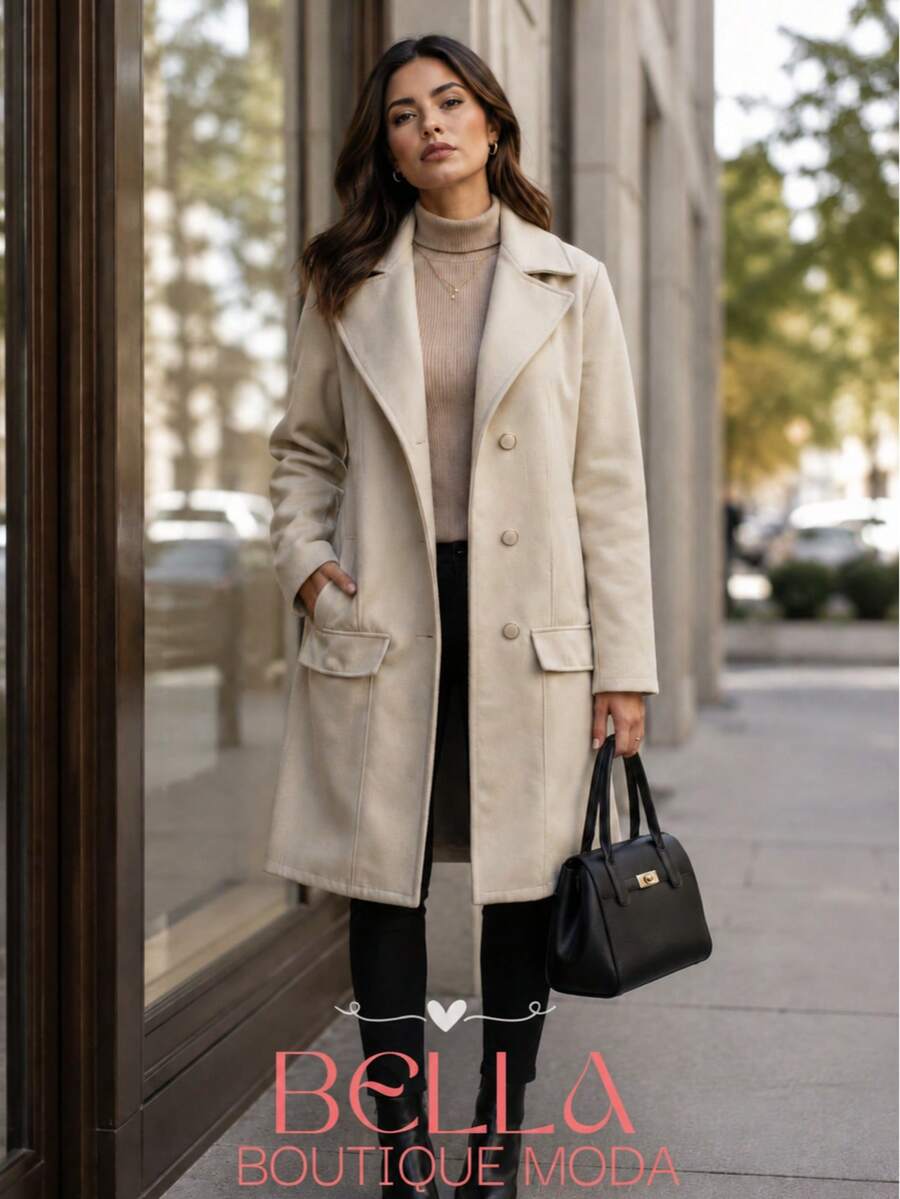 Women's Long Wool Coat, Parka, Or Overcoat, Elegant And With Front Button Closure. - 米色 - 查看 1