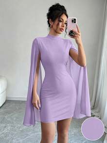 Vestido de capa ajustada con cuello mao de unicolor - Morado - Ver 1