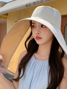 1pc Women's Multi-Color Wide Brim Hat With Round Buckle, Fashion Casual Shawl Sun Hat, Suitable For Street And Beach, UV Protection - A - View 2