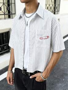 Men's Printed Street Style Striped Short Sleeve Shirt - White - View 2