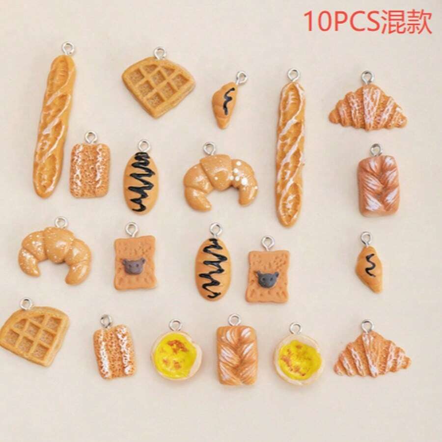 10pcs Mixed Resin Simulated Bread Design Bracelet Charms For Diy Jewelry Making, Keychain Decoration