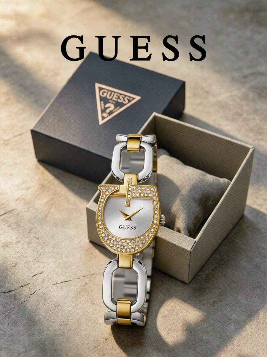 GUESS 女款雙色水晶馬銜扣手錶，銀色與金色鏈條錶帶，適合晚宴與日常佩戴 GW0683L6 - 銀色 - 查看 1