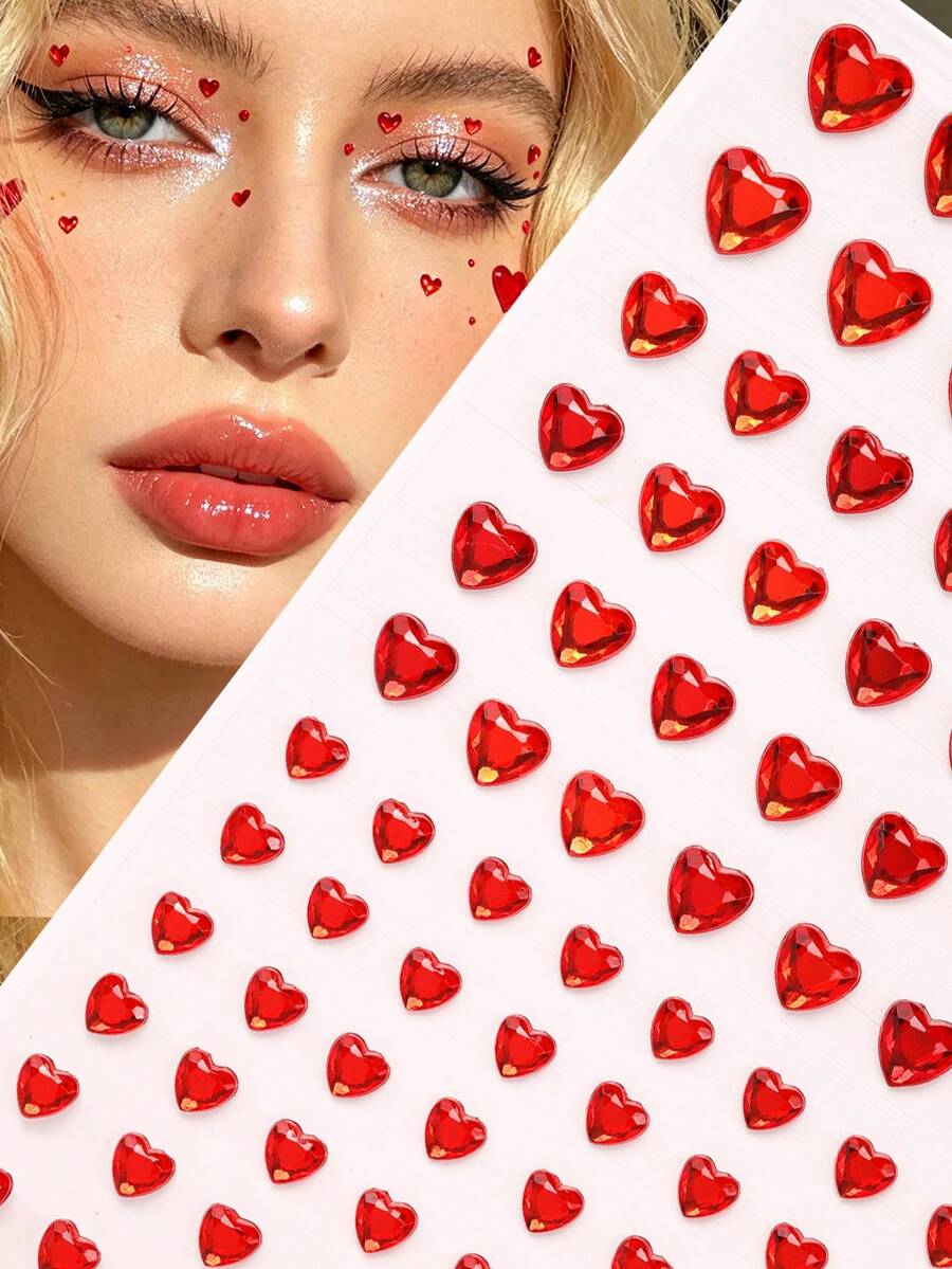 Red Heart-Shaped 3D Glittery Face Gems Y2K Self-Adhesive Rhinestones, DIY Concert Disco Party Shiny Rhinestone Face Decor - 紅色 - 查看 1