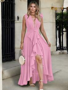 Vestido Largo Con Abertura Froltal  Con Escote V y Cinturon Ajustable - Verde Gris - Ver 1