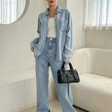 xuehuamaoyi02  Blusa de mezclilla con bolsillo con parche y botones, chaqueta de mezclilla, ropa de mujer de otoño de manga larga - Lavado ligero - Ver 5