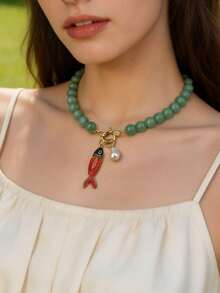 ZA Collar de mujer con colgante de pez pintado a mano y cuentas| Estilo bohemio náutico multicolor Regalo de Pascua Joyería para fiesta en la playa - Pez de metal C - Ver 7