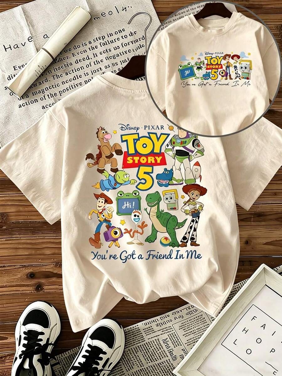 Disney "Toy Story 5" Themed Cartoon Print, Casual Short-Sleeved T-Shirt, Fashionable And Comfortable For Spring And Summer Wear, Perfect As A Festive Gift. - Apricot - View 1