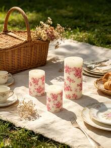 Pink Floral Print Cylindrical Candle, 1.96 Inch Romantic Rose Pink Pattern Design Candle, Smokeless Atmosphere, Decorative Candle, Perfect For Valentine's Day, Wedding Dinner, Birthday Party, Anniversary, Afternoon Tea, Picnic Scene, Home Decor - Pink Printed Column Wax - View 3