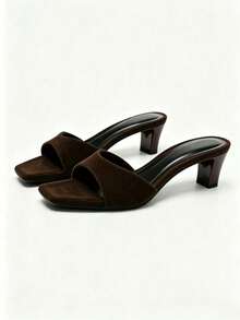 Merlot Suede Square Toe Chunky Heel Slide Sandals, Minimalist Strap Mid-Heel Mules, Versatile Casual Slip-On Sandals For Women - Brown - View 2