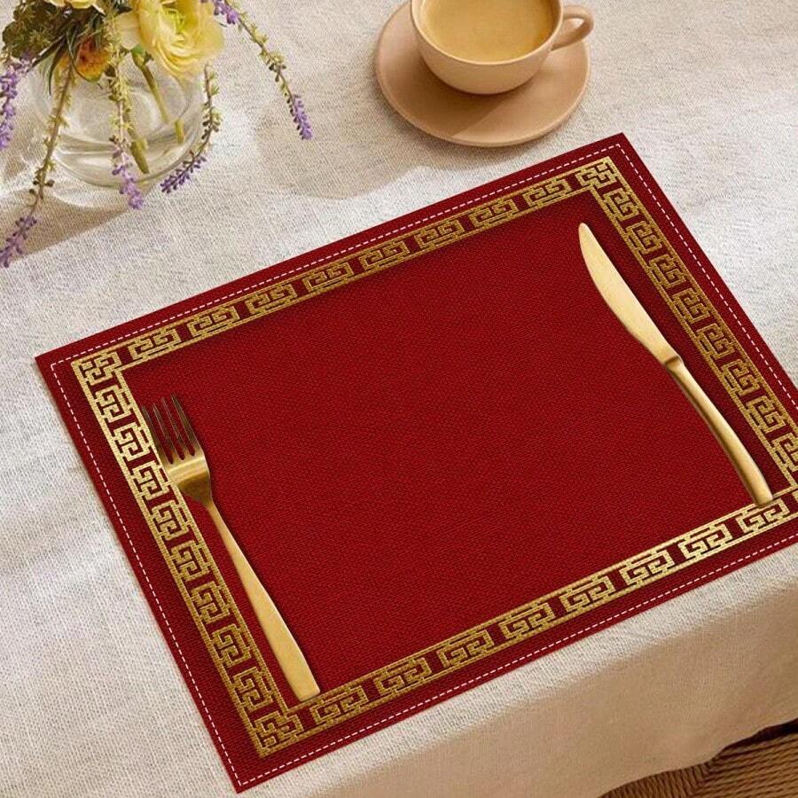 1/2/4/6/8入紅色餐墊，18"*12"(45*30cm)，2款金邊希臘回紋與純紅設計，100%聚酯纖維防水防污耐熱可機洗耐用桌墊，適用於居家、餐廳、B&B