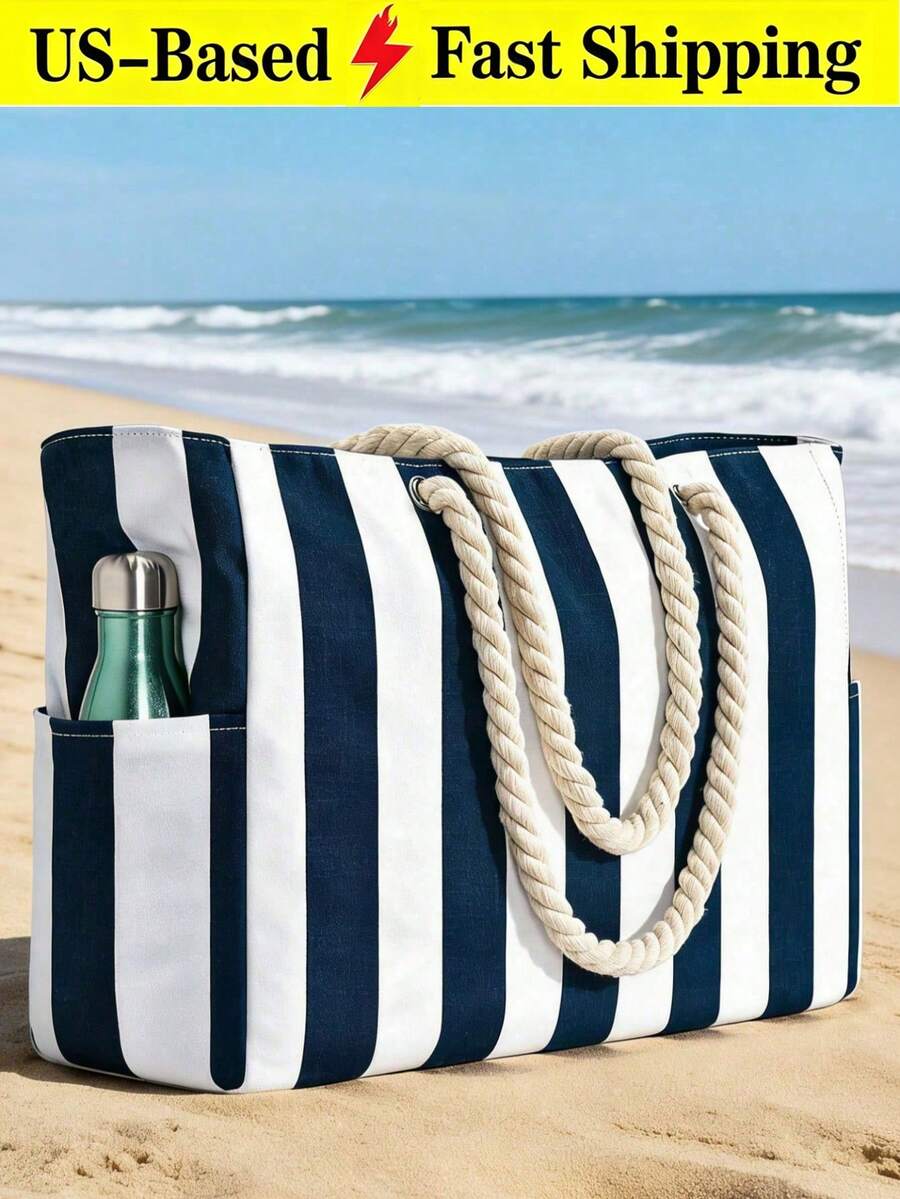 Beach Bags For Women Large Waterproof Beach Tote Bag Canvas Shoulder Bag Swim Pool Bag Casual Stripe Design Tote Bag Travel Essential Vacation - 彩色 - 查看 1