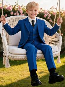 5pcs Boys Royal Blue Suit Set Including Tailcoat, Formal Wear, Pageboy Outfit, Wedding Suit Jacket, Vest, Pants, Shirt And Tie, Size 6-16 Years - Royal Blue - View 4