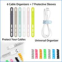 6 piezas Organizador de cables + 7 piezas Funda protectora - Organizador de cables multifuncional colorido, organizador de cables de datos de auriculares y cables de red, bridas de silicona ajustables, funda protectora de cables de datos, protector espiral de cables de carga, juego de protección de cables de carga de teléfono - Ver 8