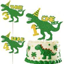 1 pièce/3 pièces Décoration de gâteau d'anniversaire en forme d'œuf de dinosaure, dinosaure vert et or pailleté - Multicolore - Voir 1