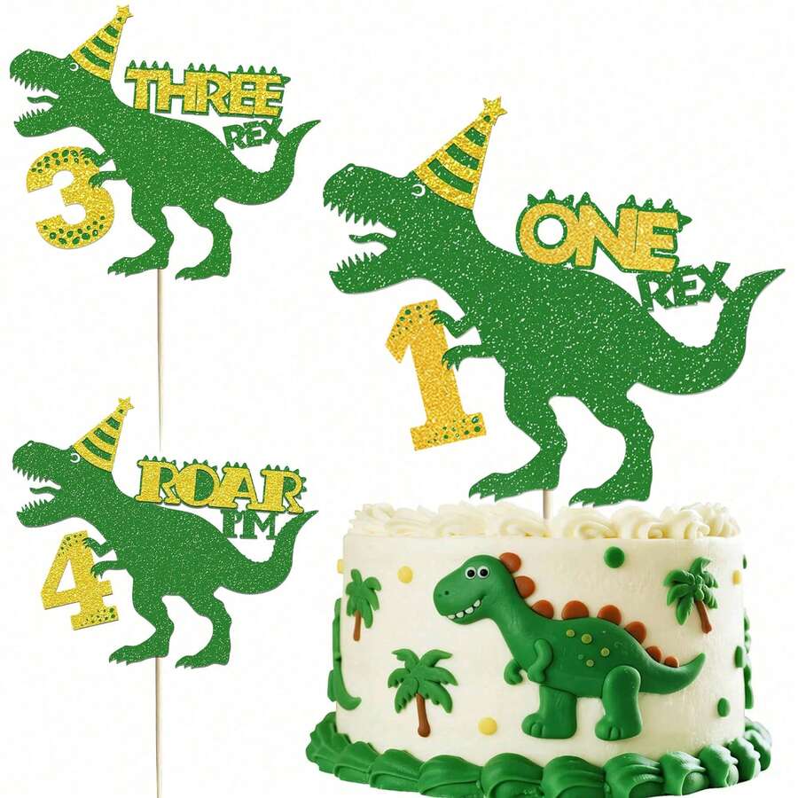 1 pièce/3 pièces Décoration de gâteau d'anniversaire en forme d'œuf de dinosaure, dinosaure vert et or pailleté - Multicolore - Voir 1
