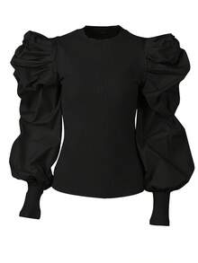 Nuevo modelo 2026:Camisas y suéteres con mangas abullonadas, cuello redondo acanalado y volantes. - Negro - Ver 1