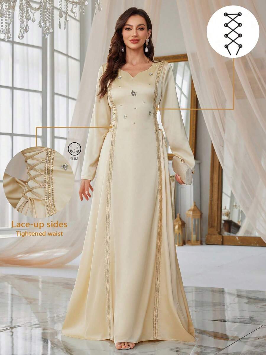 Elegant Women's V-Neck Long Sleeve Arabic Style Maxi A-Line Dress With Side Tie Wedding Party - Light Yellow - View 1