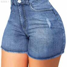 yonghongmaoyi1 Shorts vaqueros de talle alto con bolsillos, desgastados y deshilachados, de estilo informal para vacaciones, color negro, para verano - Gris Claro - Ver 8