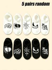 5 Pairs/10 Pairs Unisex Funny Expression Spider Web Letter Invisible Boat Socks, Suitable For Party, Travel, Vacation, Summer Outfits - Multicolor - View 17