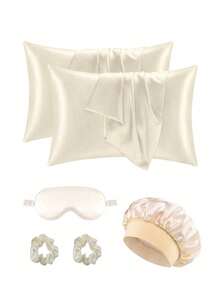 6pcs Women Satin Pillow Case Set, Including Silky Sleep Cap Bonnet, Sleep Mask And Hair Scrunchies - Multicolor - View 9