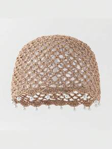 1pc Women's Cute Casual Style Fashion Hollow Breathable Handmade Woven Rhombus Pearl Decor Knitted Bucket Hat For Travel, Beach, Vacation, Photos, Daily Wear - Pearl - View 12