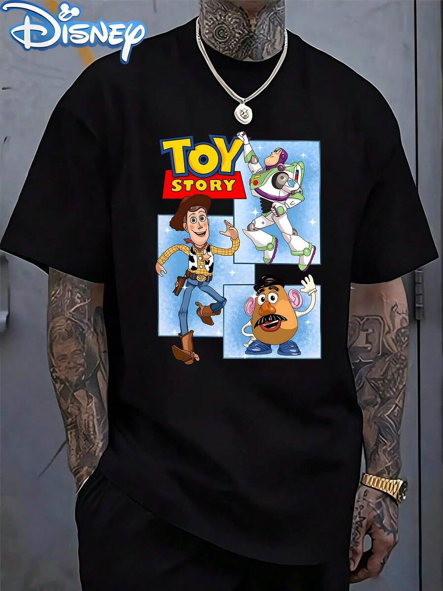 Disney Toy Story 3 Grid Character Men Oversized Tee, Camisetas Para Hombre, Summer Clothes, Men Clothing, Cartoon Short Sleeve Top - 黑色 - 查看 1