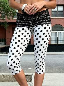 Womens Lace Trim Plain 3/4 Leggings Gym Stretch Capri Cropped Jogging Pants - White - View 1