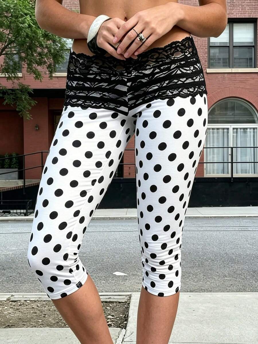 Womens Lace Trim Plain 3/4 Leggings Gym Stretch Capri Cropped Jogging Pants - White - View 1