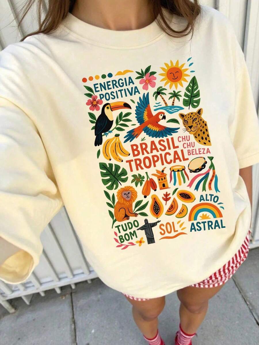 Nueva Camiseta con Temática de Bosque Tropical 2026, Adecuada para Salidas Casuales en Primavera y Verano, Blusas para Mujer Casual - Albaricoque - Ver 1