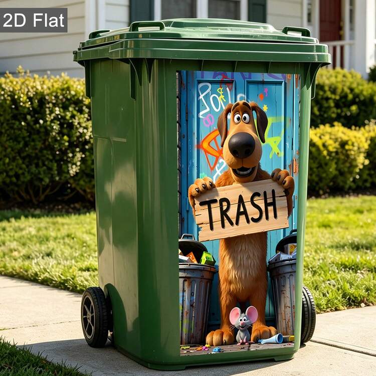 Cartoon Dog & Mouse Trash Can Stickers, 2D Flat Waterproof Vinyl Decals, Removable Trash Can Decor, Suitable For Outdoor Garden, Fun Trash Can Art - Dog Trash Can Stickers - View 7