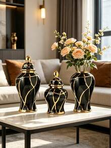 European Style Light Luxury Creative Ceramic Electroplating Black Flower Vase For Home Living Room Decoration, Flower Pot,Dining Table, Office Desk, Desktop Decoration And Arrangement - Black - View 5