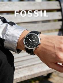 Fossil 男士極簡主義計時碼錶，拋光銀色錶殼黑色錶盤黑色光滑皮革錶帶，都市時尚手錶，適合科技辦公室日常通勤電競派對咖啡廳休閒，送給他的生日畢業喬遷理想禮物 - 黑色 - 查看 1