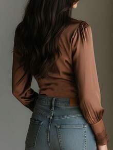 Sexy Women Deep V Neck Satin Lace Trim Blouse, Long Puff Sleeve Waist Cinched Slim Fit Top, Autumn/Winter New Style, Suitable For Daily Commute And Date Wear - Brown - View 2