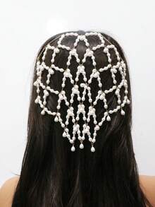 1pc Elegant Hollow Pearl Hair Hoop Chain, Women's Fashionable Sparkling Rhinestone Tassel Hair Accessory For Daily Wear And Party - Gold - View 2