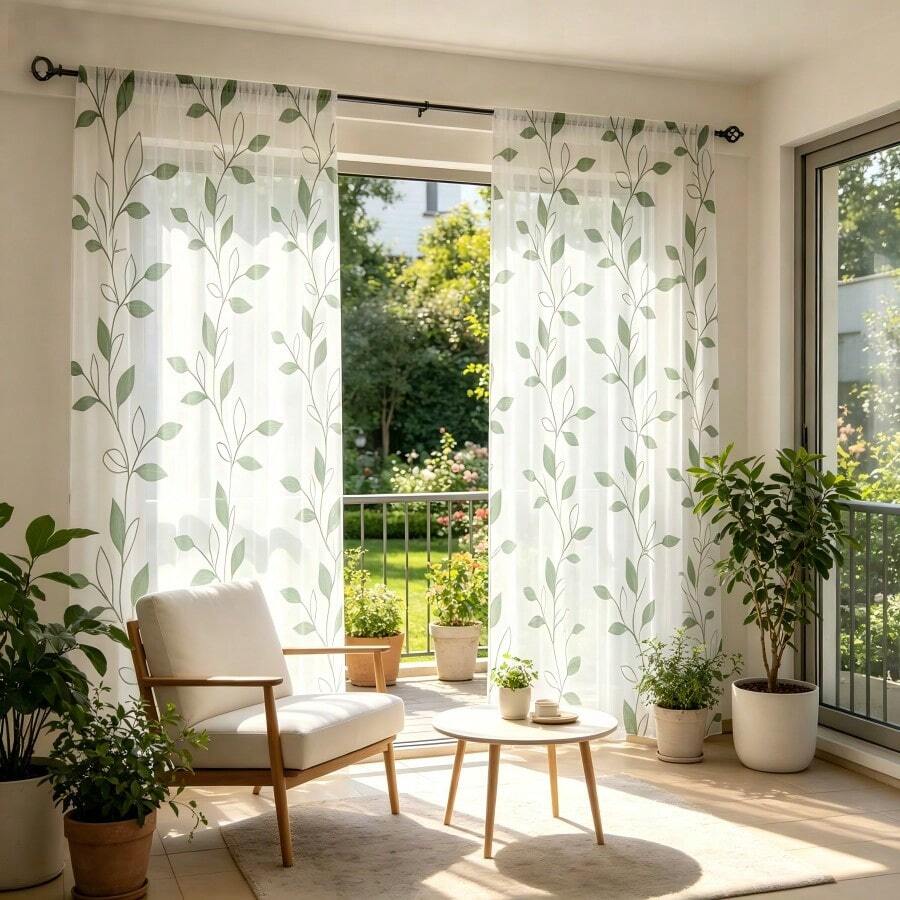 2 piezas Cortinas transparentes botánicas frescas con patrón de enredadera y hojas verdes, impresión plana 2D, ligeras y translúcidas, adecuadas tanto para salas de estar como para dormitorios. - Multicolor - 2 piezas - Ver 1