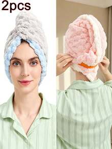 2/1 Set, 50*70cm Yunduoge Double-Layer Dry Hair Cap. Elastic Wide Tail, Thick Coral Fleece, Super Absorbent & Quick-Drying. Great For Long Curly Hair, Protects Damaged Hair And Prevents Frizz. Soft Comfy, Ideal For Home, Travel, Salon And Daily Use. - Multicolor - View 12