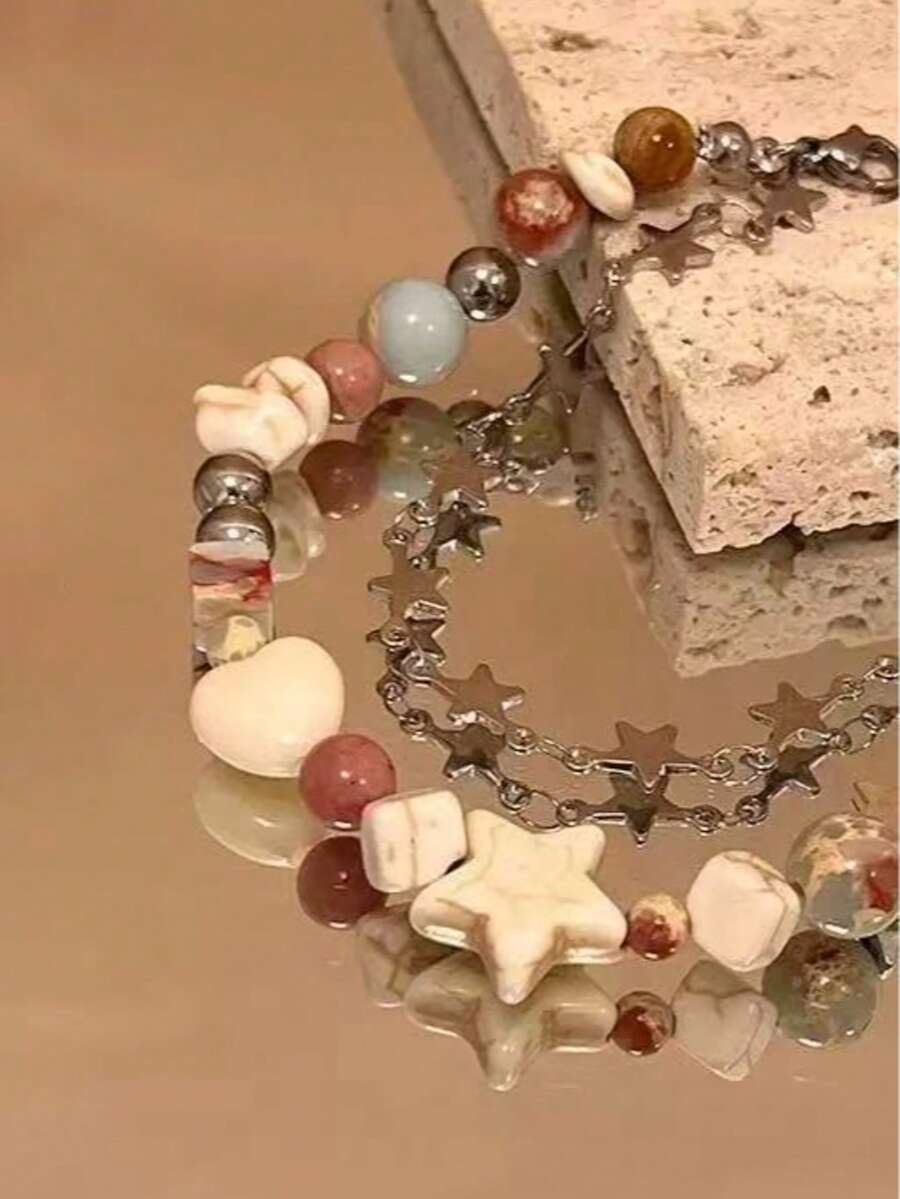 1pc Ins-Style Zinc Alloy Pluto Shaped Couple White Turquoise Beaded Bracelet - Multicolor - View 1