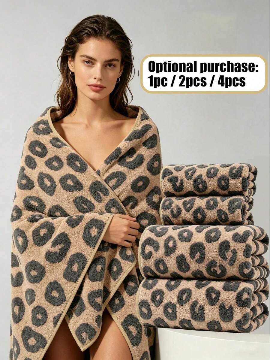 1pc&2pcs&4pcs Luxury Leopard Print Bath Towel Set - Jacquard Coral Terry Cloth, Ultra Soft Plush Towels, Ideal For Creating Bold Home Decor And Spa Ambience - Brown - View 1