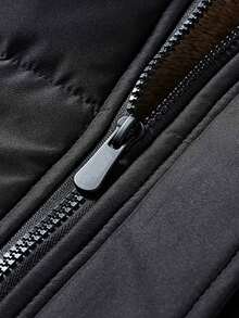 Men's Casual Sports Hiking Mid-Length Thermal-Lined Thickened Jacket With Multiple Pockets And Buttons, Versatile Solid Color Black - Black - View 5