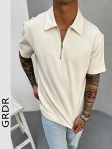 GRDR Men's Solid Color Minimalist Half-Zip Short Sleeve T-Shirt For Daily Wear - Apricot - View 4