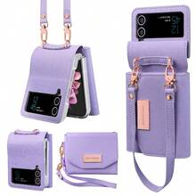 VIETAO 掛繩錢包卡槽人造皮革手機殼 適用於 Galaxy Z Flip 3 4 5 6 7 時尚防護手機套 附手繩 Flip3 Flip4 Flip5 Flip6 - 紫色 - 查看 2