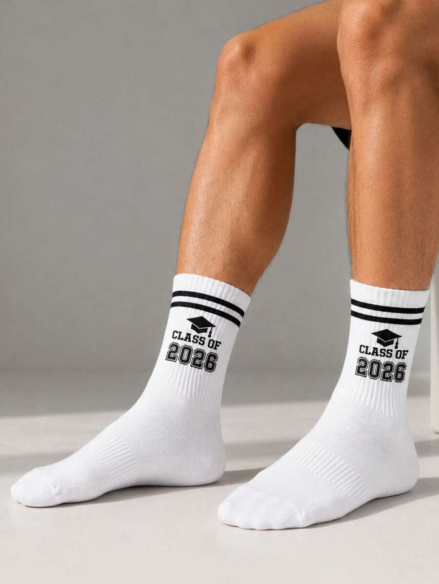 1/5 Pasang Kaos Kaki Motif Topi Wisuda 2026, Kaos Kaki Olahraga Garis-Garis Retro Setinggi Betis, Hadiah Wisuda untuk Pria - Putih - View 1
