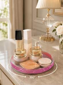 1 pieza Organizador de maquillaje multifuncional con decoración de diamantes de imitación y rotación de 360°, estante de almacenamiento de cosméticos con rotación de 360° y diamantes de imitación, organizador de tocador y cuidado de la piel de doble capa, bandeja de almacenamiento giratoria con diamantes de imitación rosa brillante y estilo femenino, organizador de escritorio de gran capacidad para cuidado de la piel, lápiz labial y maquillaje - Multicolor - Ver 13