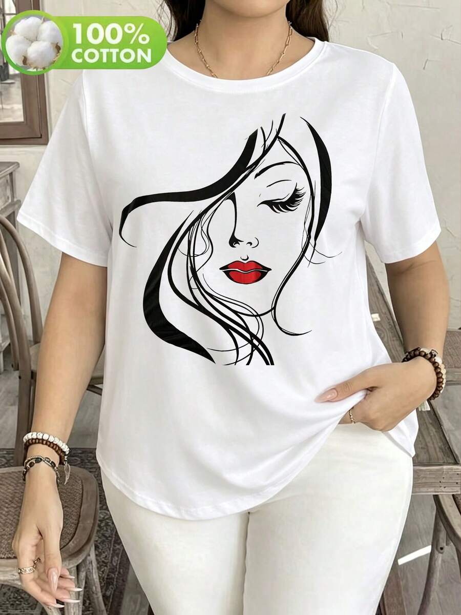 Playera Mujer Plus Size Manga Corta Holgada 100% Algodón Estilo Minimalista "Cara de Mujer" Casual para Mujeres