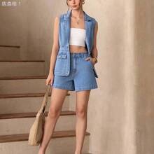 jianchaimaoyi02  Shorts vaqueros elegantes para mujer en verano - Azul lavado medio - Ver 3