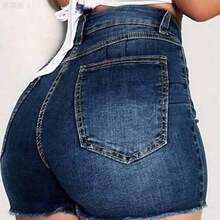yonghongmaoyi1 Shorts vaqueros de talle alto con bolsillos, desgastados y deshilachados, de estilo informal para vacaciones, color negro, para verano - Gris Claro - Ver 6