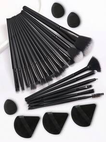 26Pcs Black Makeup Brushes Set With Beauty Sponges & Powder Puffs, Professional Foundation Eyeshadow Brushes Kit For Beginners - Black - View 1