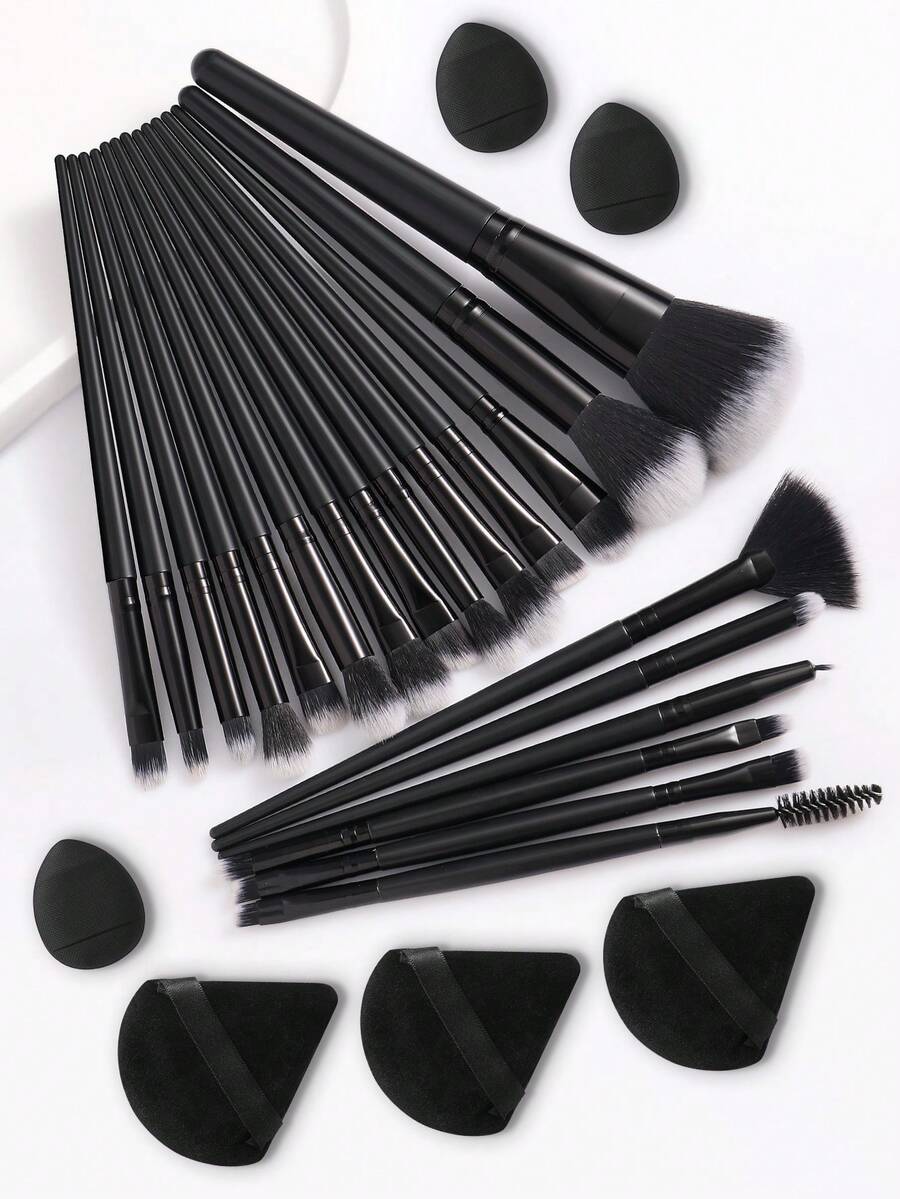 26Pcs Black Makeup Brushes Set With Beauty Sponges & Powder Puffs, Professional Foundation Eyeshadow Brushes Kit For Beginners - Black - View 1