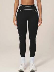 TimeOff Women's 1pc Colorblock White Line Decor High Waist Tummy Control Cropped Sports Long Pants - Black - View 5